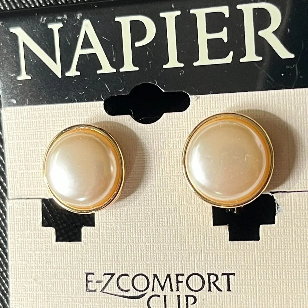 Napier TJG Golden Tone Faux Pearl Clip-on Earrings - Picture 6 of 9